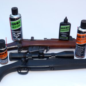 Brunox gun cleaning products with the rifles used in testing.