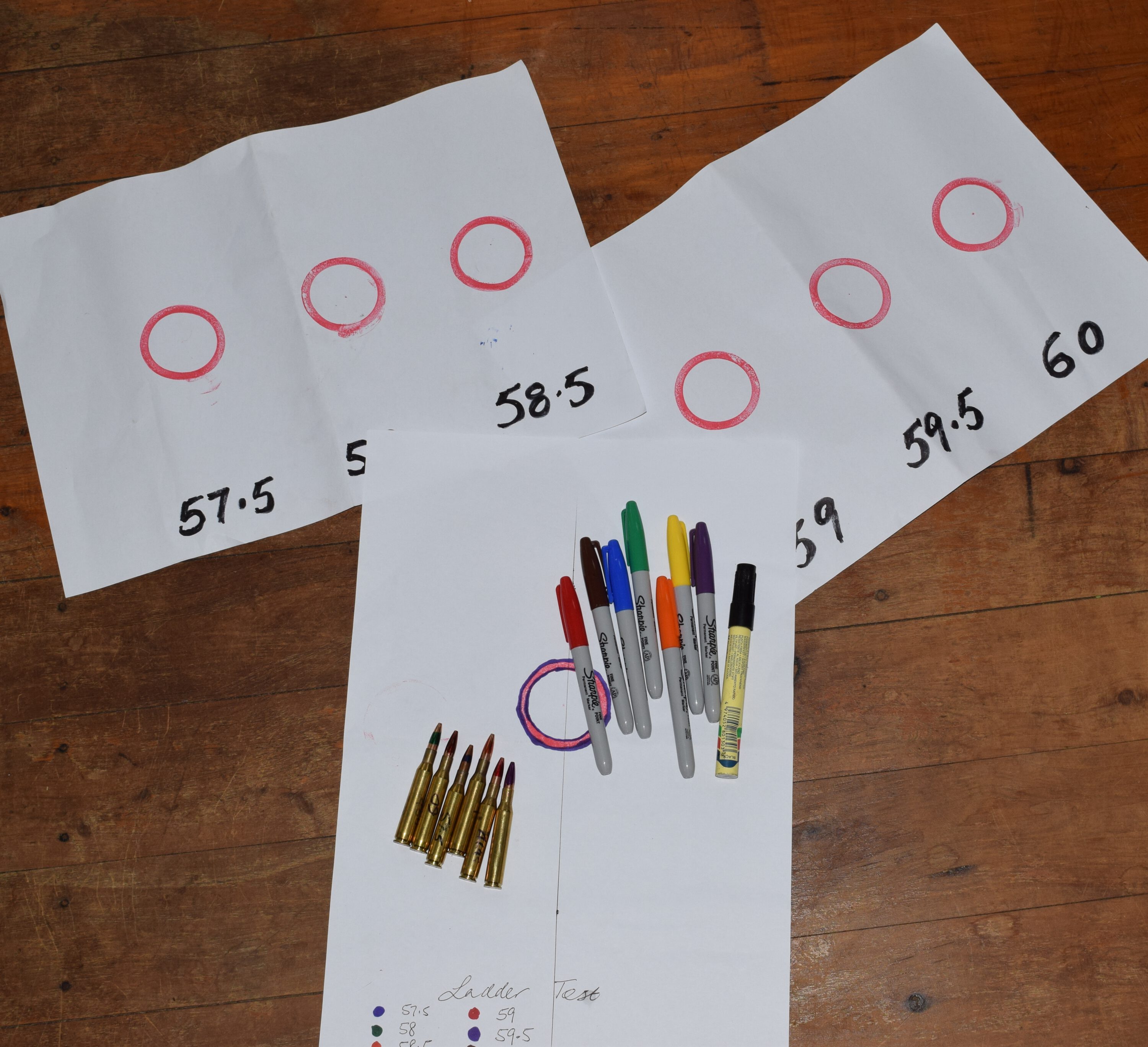 1. The Sharpie-led “ladder test” target with six different Sharpied handloads bottom left. The as yet unshot grouping targets could wait until after my sweltering January hunt.