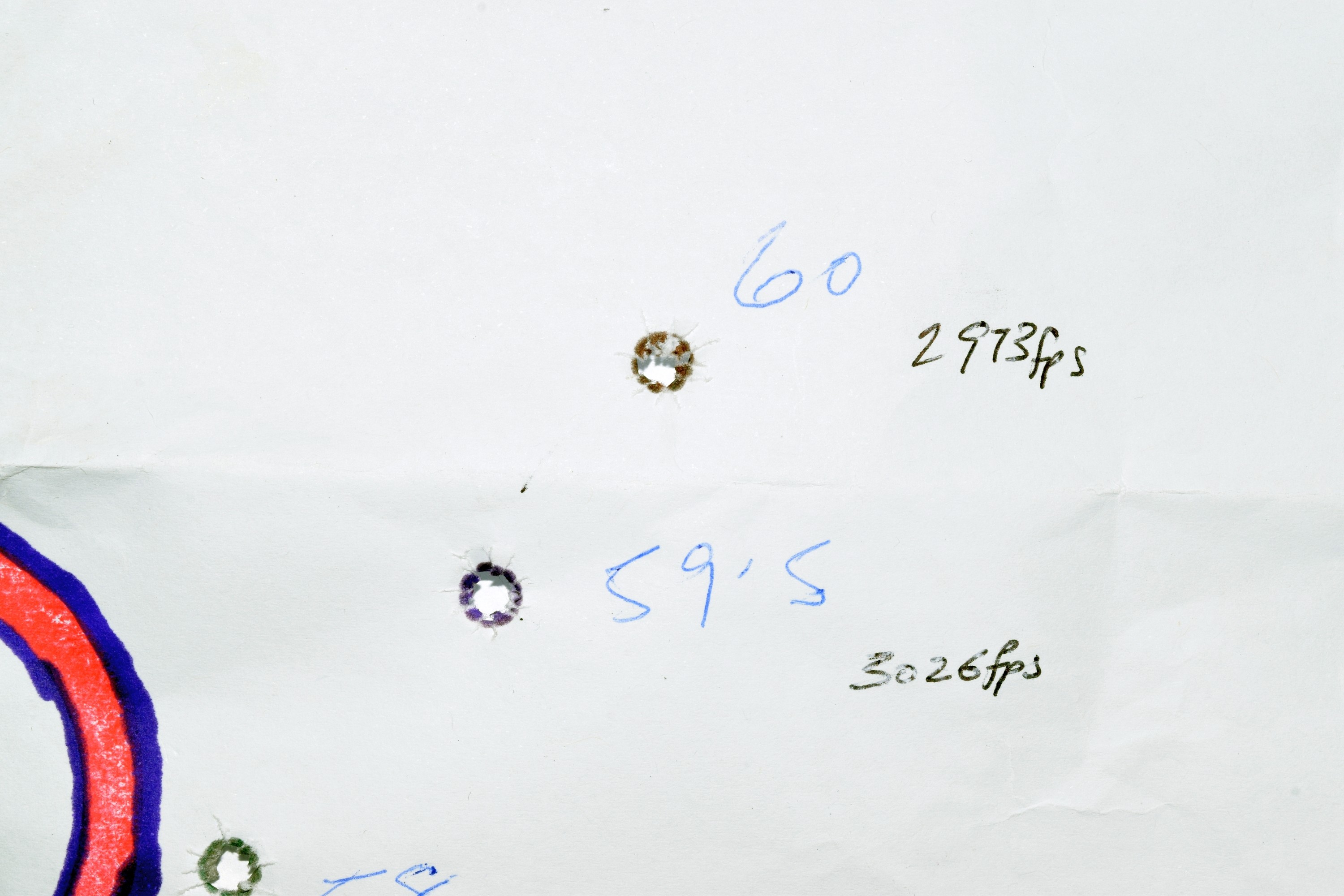 5. Coloured bullet holes of 60gn-brown, 59.5gn-purple and green for the 58gn load.