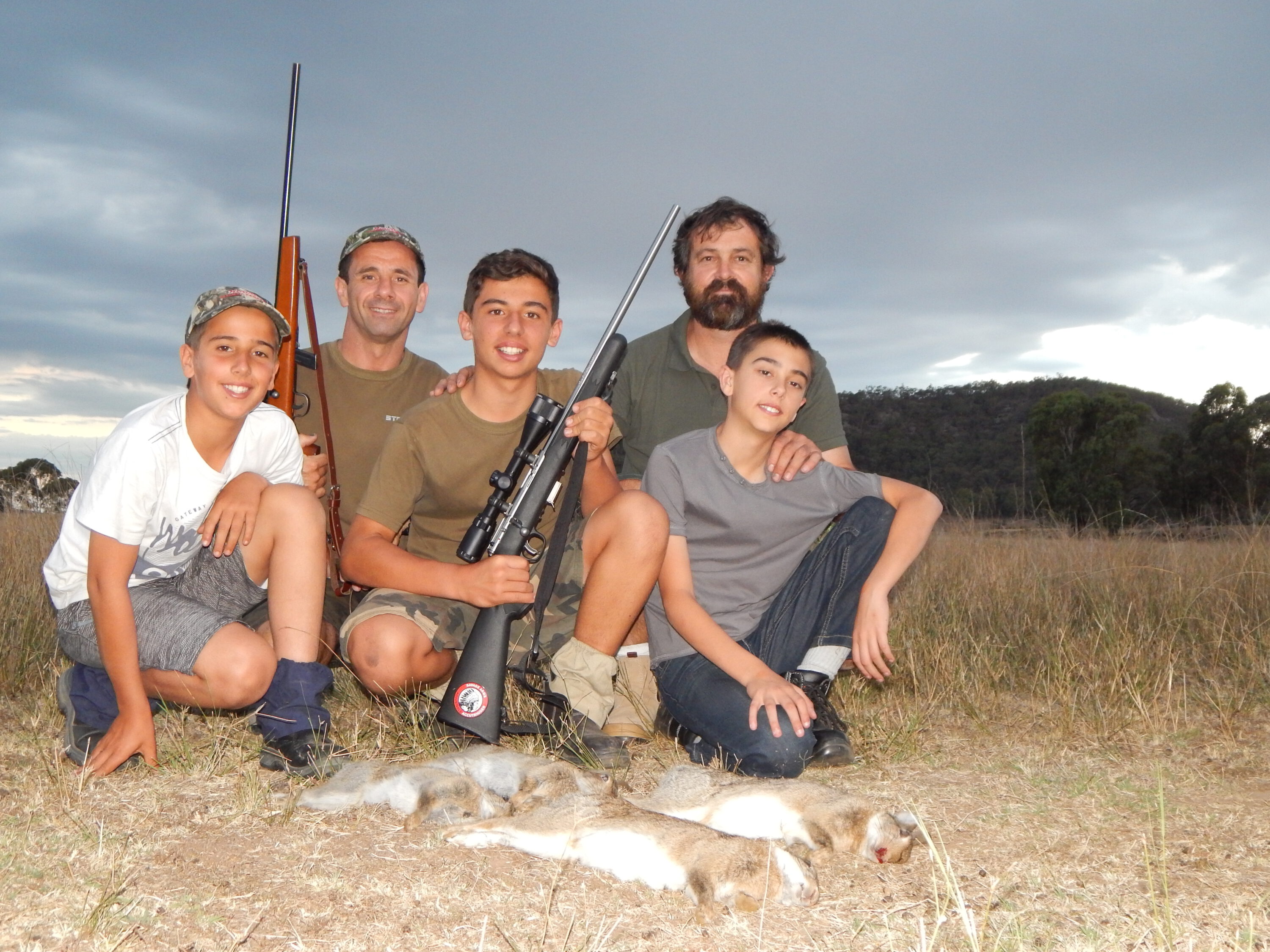 Author Darren and his two boys with their friends Ric and Josh after some rabbit destruction missions.