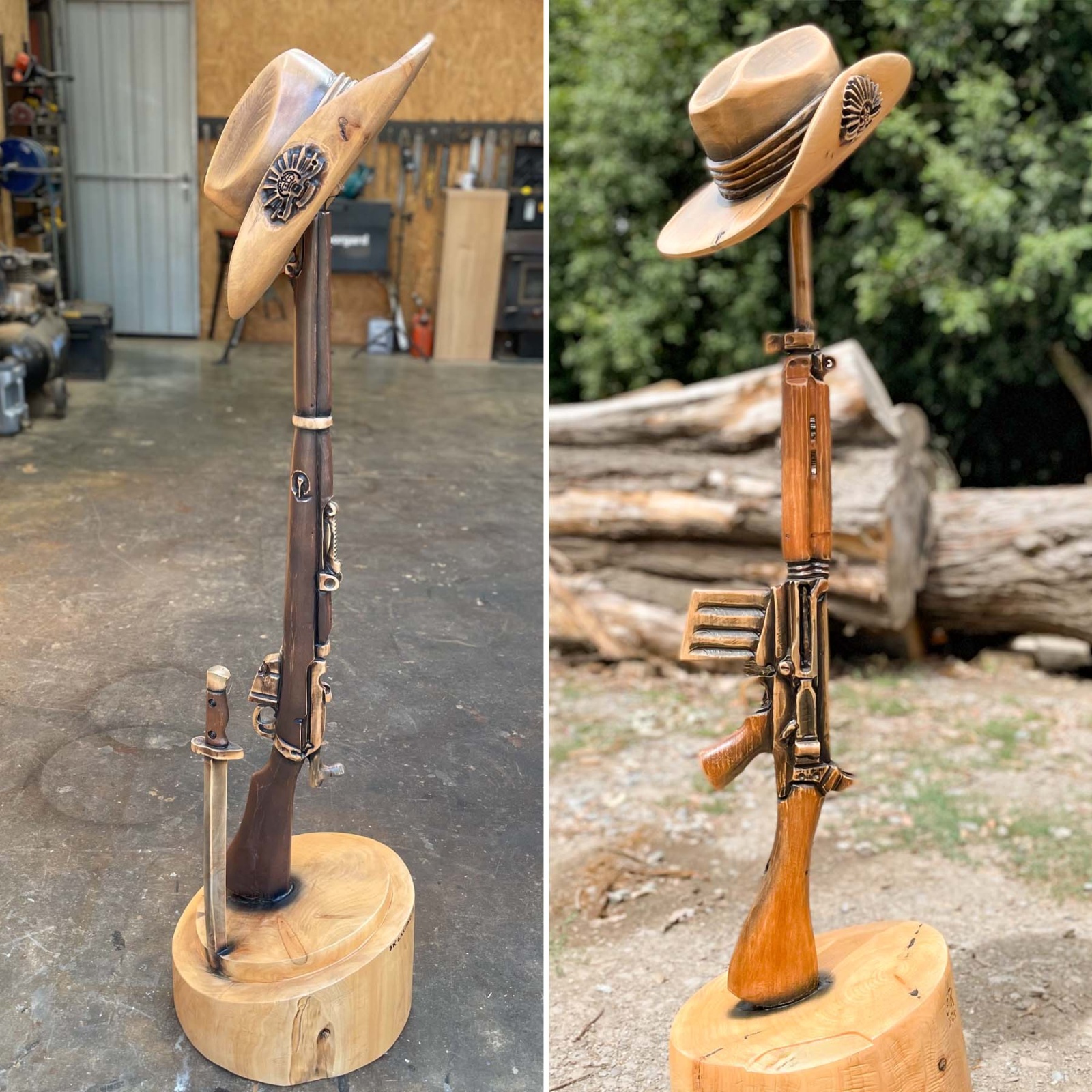 BK Carving chainsaw carved artworks of Australian military firearms